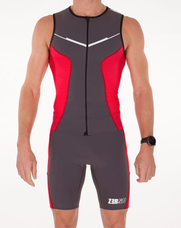 Singlet triathlon racer homme gris, rouge et blanc | Z3R0D - haut de triathlon 