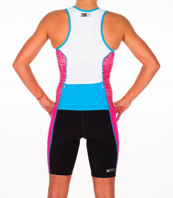 Haut de triathlon femme racer noir, rose, bleu et blanc | Z3R0D 