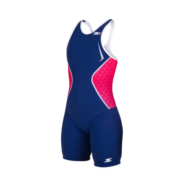 Trifonction racer femme bleu marine, rose et blanche pink lotus| Z3R0D - tenue de triathlon 