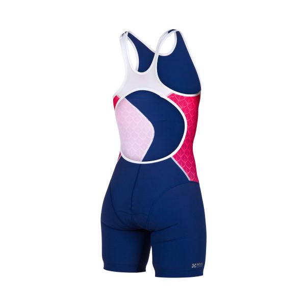 Trifonction racer femme bleu marine, rose et blanche pink lotus| Z3R0D - tenue de triathlon 