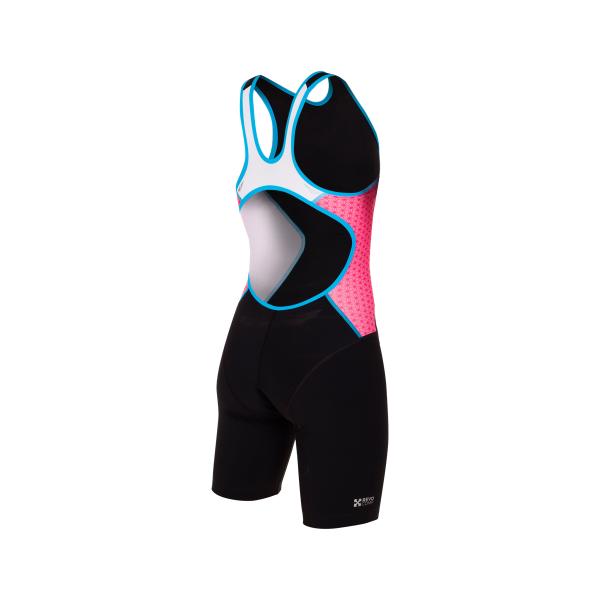 Trifonction racer femme noire, rose et bleu atoll | Z3R0D - tenue de triathlon 