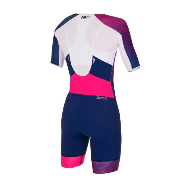 Trifonction à manches ttSUIT racer femme bleu marine et rose | Z3R0D - tenue de triathlon