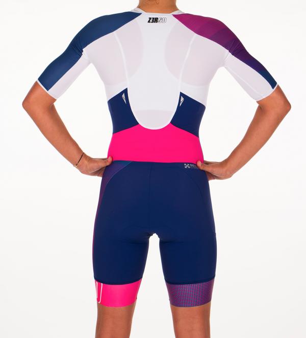 Trifonction à manches ttSUIT racer femme bleu marine et rose | Z3R0D - tenue de triathlon