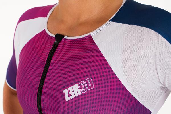 Trifonction à manches ttSUIT racer femme bleu marine et rose | Z3R0D - tenue de triathlon