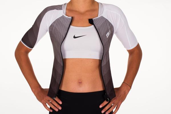 Trifonction à manches ttSUIT racer femme grise, noire et blanche | Z3R0D - tenue de triathlon